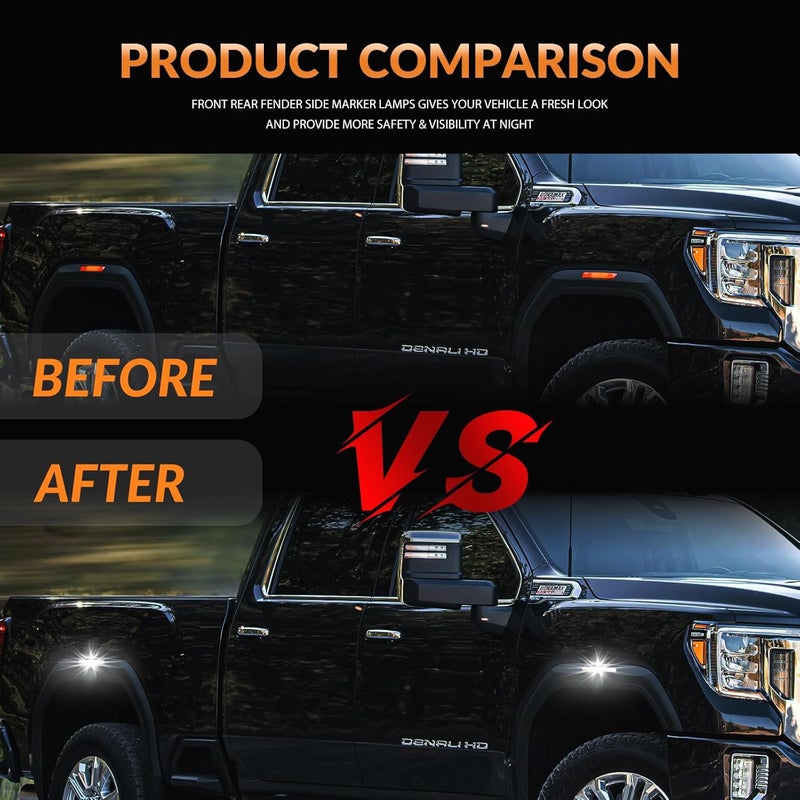 DERMOKA LED Side Marker Lights for GMC Sierra 2500HD 3500HD 2020-2024 Pickup Truck White Front Rear Fender Marker Lamps Smoked Len - Image 4
